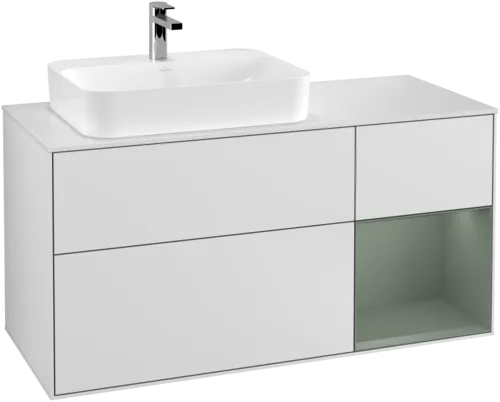VILLEROY BOCH Toaletní skříňka Finion, s osvětlením, 3 výsuvy, 1200 x 603 x 501 mm, bílý matný lak / olivový matný lak / sklo bílé matné #F401GMMT