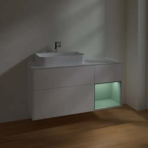 VILLEROY BOCH Toaletní skříňka Finion, s osvětlením, 3 výsuvy, 1200 x 603 x 501 mm, bílý matný lak / olivový matný lak / sklo bílé matné #F401GMMT, obrázek 5