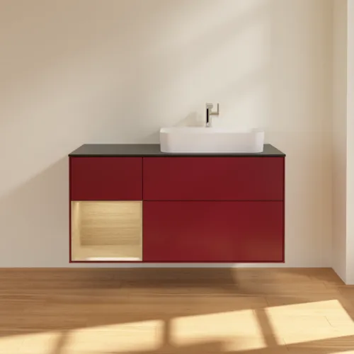 VILLEROY BOCH Toaletní skříňka Finion, s osvětlením, 3 výsuvy, 1200 x 603 x 501 mm, matný lak Peony / dubová dýha / černé matné sklo #F392PCHB, obrázek 3