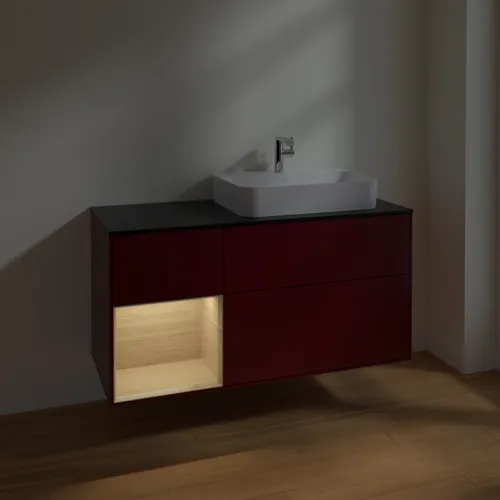 VILLEROY BOCH Toaletní skříňka Finion, s osvětlením, 3 výsuvy, 1200 x 603 x 501 mm, matný lak Peony / dubová dýha / černé matné sklo #F392PCHB, obrázek 5
