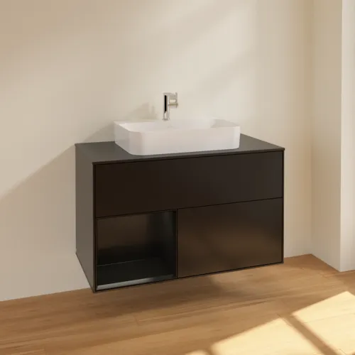 VILLEROY BOCH Umyvadlová skříňka Finion, s osvětlením, 2 výsuvy, 1000 x 603 x 501 mm, černý matný lak / černý matný lak / černé matné sklo #F362PDPD, obrázek 2