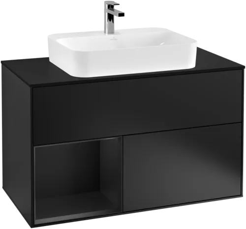 VILLEROY BOCH Umyvadlová skříňka Finion, s osvětlením, 2 výsuvy, 1000 x 603 x 501 mm, černý matný lak / černý matný lak / černé matné sklo #F362PDPD