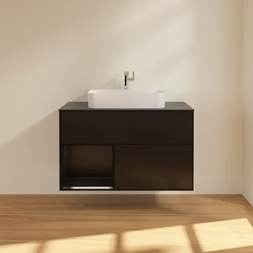 VILLEROY BOCH Umyvadlová skříňka Finion, s osvětlením, 2 výsuvy, 1000 x 603 x 501 mm, černý matný lak / černý matný lak / černé matné sklo #F362PDPD, obrázek 3