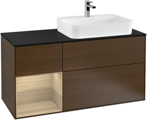 VILLEROY BOCH Toaletní skříňka Finion, s osvětlením, 3 výsuvy, 1200 x 603 x 501 mm, ořechová dýha / dubová dýha / sklo černé matné #F392PCGN