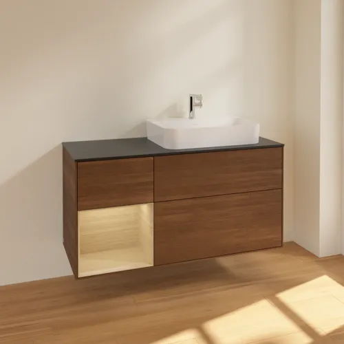 VILLEROY BOCH Toaletní skříňka Finion, s osvětlením, 3 výsuvy, 1200 x 603 x 501 mm, ořechová dýha / dubová dýha / sklo černé matné #F392PCGN, obrázek 2