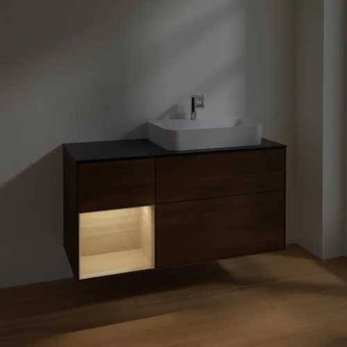 VILLEROY BOCH Toaletní skříňka Finion, s osvětlením, 3 výsuvy, 1200 x 603 x 501 mm, ořechová dýha / dubová dýha / sklo černé matné #F392PCGN, obrázek 5
