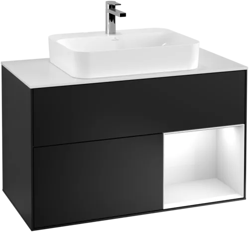 VILLEROY BOCH Toaletní skříňka Finion, s osvětlením, 2 výsuvy, 1000 x 603 x 501 mm, černý matný lak / bílý lesklý lak / bílé matné sklo #F371GFPD
