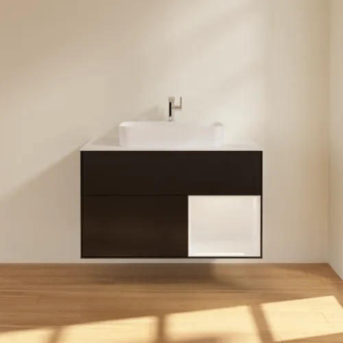 VILLEROY BOCH Toaletní skříňka Finion, s osvětlením, 2 výsuvy, 1000 x 603 x 501 mm, černý matný lak / bílý lesklý lak / bílé matné sklo #F371GFPD, obrázek 3