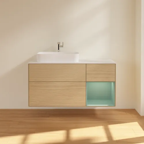 VILLEROY BOCH Toaletní skříňka Finion, s osvětlením, 3 výsuvy, 1200 x 603 x 501 mm, dubová dýha / olivový matný lak / sklo bílé matné #F401GMPC, obrázek 3