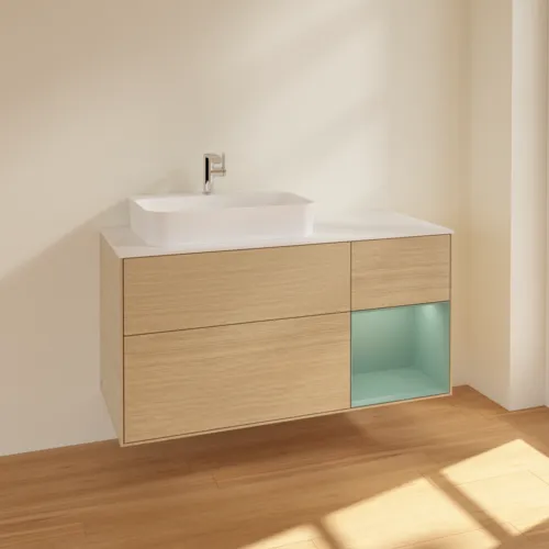 VILLEROY BOCH Toaletní skříňka Finion, s osvětlením, 3 výsuvy, 1200 x 603 x 501 mm, dubová dýha / olivový matný lak / sklo bílé matné #F401GMPC, obrázek 2
