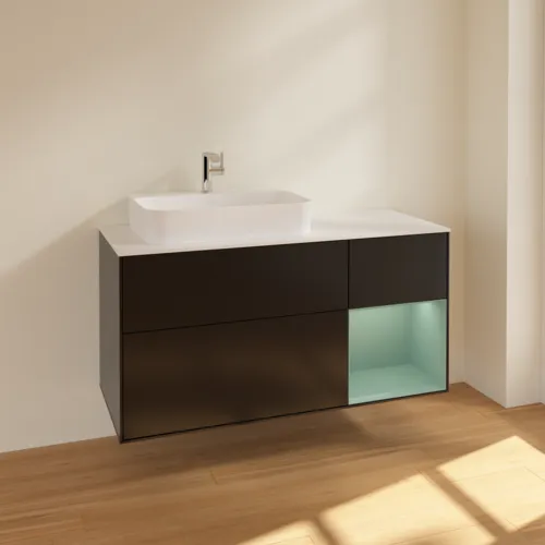 VILLEROY BOCH Toaletní skříňka Finion, s osvětlením, 3 výsuvy, 1200 x 603 x 501 mm, černý matný lak / olivový matný lak / bílé matné sklo #F401GMPD, obrázek 2