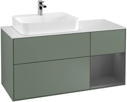VILLEROY BOCH Toaletní skříňka Finion, s osvětlením, 3 výsuvy, 1200 x 603 x 501 mm, olivový matný lak / antracitový matný lak / bílé matné sklo #F401GKGM, obrázek 1