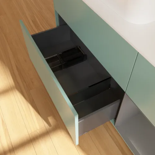VILLEROY BOCH Toaletní skříňka Finion, s osvětlením, 3 výsuvy, 1200 x 603 x 501 mm, olivový matný lak / antracitový matný lak / bílé matné sklo #F401GKGM, obrázek 7