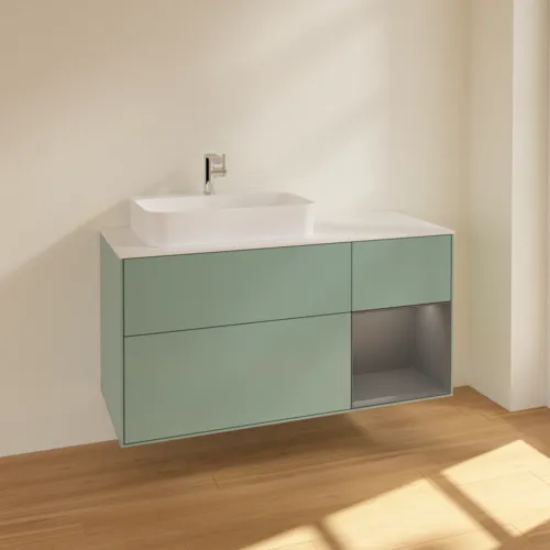 VILLEROY BOCH Toaletní skříňka Finion, s osvětlením, 3 výsuvy, 1200 x 603 x 501 mm, olivový matný lak / antracitový matný lak / bílé matné sklo #F401GKGM, obrázek 2