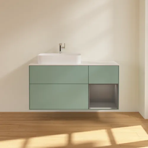 VILLEROY BOCH Toaletní skříňka Finion, s osvětlením, 3 výsuvy, 1200 x 603 x 501 mm, olivový matný lak / antracitový matný lak / bílé matné sklo #F401GKGM, obrázek 3