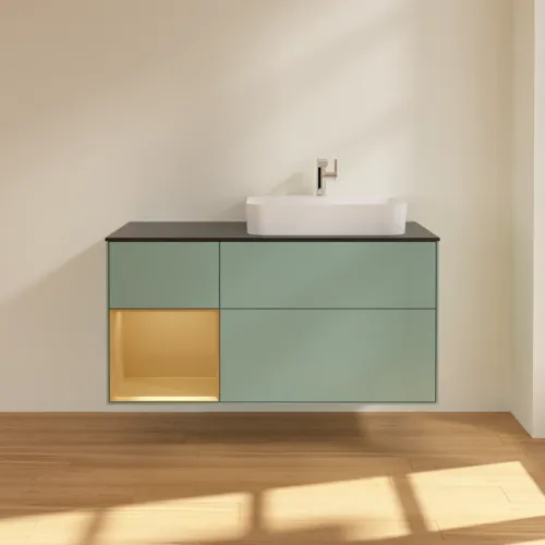 VILLEROY BOCH Toaletní skříňka Finion, s osvětlením, 3 výsuvy, 1200 x 603 x 501 mm, olivový matný lak / zlatý matný lak / černé matné sklo #F392HFGM, obrázek 3