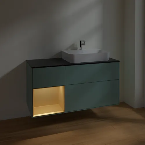VILLEROY BOCH Toaletní skříňka Finion, s osvětlením, 3 výsuvy, 1200 x 603 x 501 mm, olivový matný lak / zlatý matný lak / černé matné sklo #F392HFGM, obrázek 5