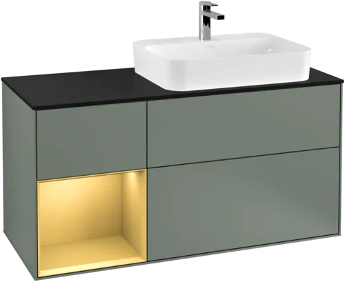 VILLEROY BOCH Toaletní skříňka Finion, s osvětlením, 3 výsuvy, 1200 x 603 x 501 mm, olivový matný lak / zlatý matný lak / černé matné sklo #F392HFGM