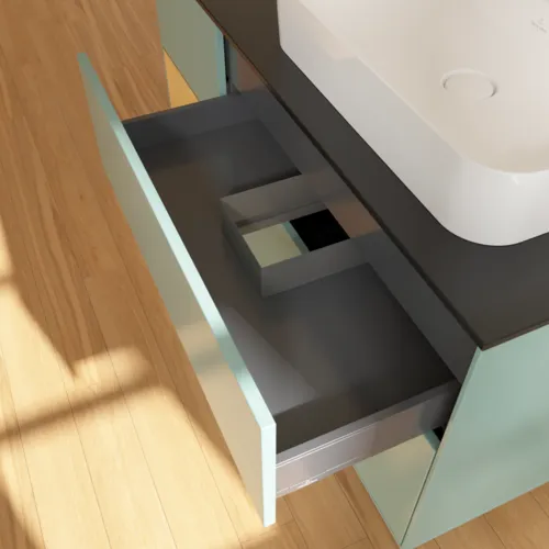VILLEROY BOCH Toaletní skříňka Finion, s osvětlením, 3 výsuvy, 1200 x 603 x 501 mm, olivový matný lak / zlatý matný lak / černé matné sklo #F392HFGM, obrázek 8