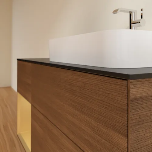 VILLEROY BOCH Toaletní skříňka Finion, s osvětlením, 3 výsuvy, 1200 x 603 x 501 mm, ořechová dýha / zlatý matný lak / černé matné sklo #F392HFGN, obrázek 5