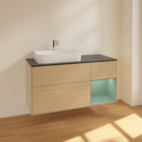 VILLEROY BOCH Toaletní skříňka Finion, s osvětlením, 3 výsuvy, 1200 x 603 x 501 mm, dubová dýha / olivově matný lak / sklo černé matné #F402GMPC, obrázek 2