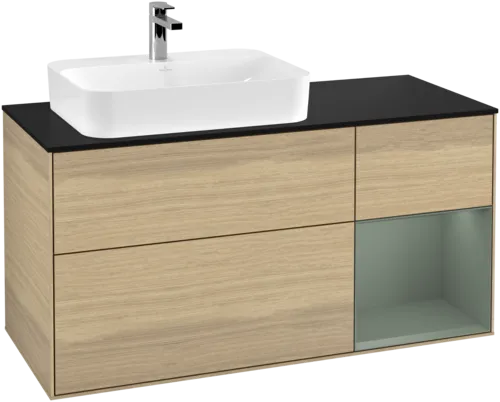 VILLEROY BOCH Toaletní skříňka Finion, s osvětlením, 3 výsuvy, 1200 x 603 x 501 mm, dubová dýha / olivově matný lak / sklo černé matné #F402GMPC