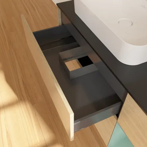 VILLEROY BOCH Toaletní skříňka Finion, s osvětlením, 3 výsuvy, 1200 x 603 x 501 mm, dubová dýha / olivově matný lak / sklo černé matné #F402GMPC, obrázek 8
