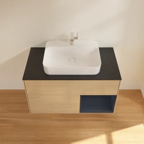 VILLEROY BOCH Toaletní skříňka Finion, s osvětlením, 2 výsuvy, 1000 x 603 x 501 mm, dubová dýha / půlnočně modrý matný lak / černé matné sklo #F372HGPC, obrázek 4