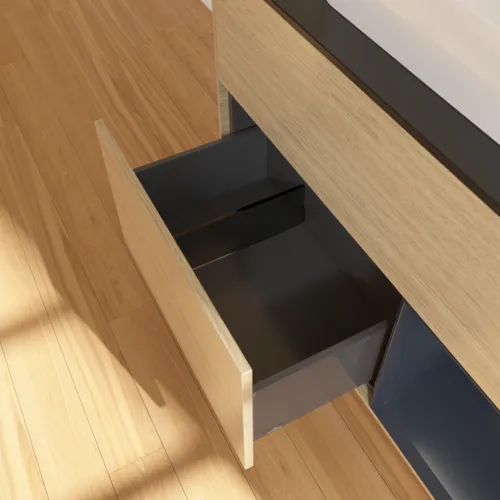 VILLEROY BOCH Toaletní skříňka Finion, s osvětlením, 2 výsuvy, 1000 x 603 x 501 mm, dubová dýha / půlnočně modrý matný lak / černé matné sklo #F372HGPC, obrázek 7