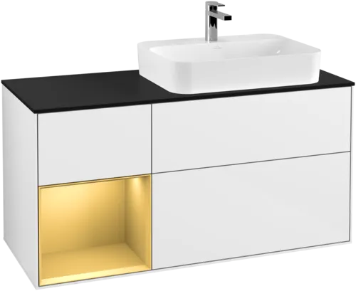 VILLEROY BOCH Toaletní skříňka Finion, s osvětlením, 3 výsuvy, 1200 x 603 x 501 mm, lesklý bílý lak / zlatý matný lak / černé matné sklo #F392HFGF, obrázek 1