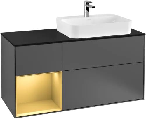 VILLEROY BOCH Toaletní skříňka Finion, s osvětlením, 3 výsuvy, 1200 x 603 x 501 mm, antracit matný lak / zlatý matný lak / černé matné sklo #F392HFGK, obrázek 1