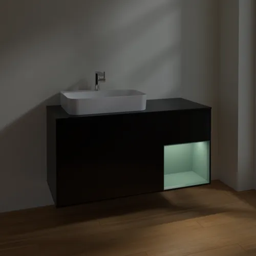 VILLEROY BOCH Toaletní skříňka Finion, s osvětlením, 3 výsuvy, 1200 x 603 x 501 mm, černý matný lak / olivový matný lak / černé matné sklo #F402GMPD, obrázek 5