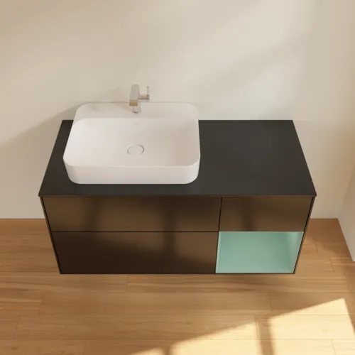 VILLEROY BOCH Toaletní skříňka Finion, s osvětlením, 3 výsuvy, 1200 x 603 x 501 mm, černý matný lak / olivový matný lak / černé matné sklo #F402GMPD, obrázek 4