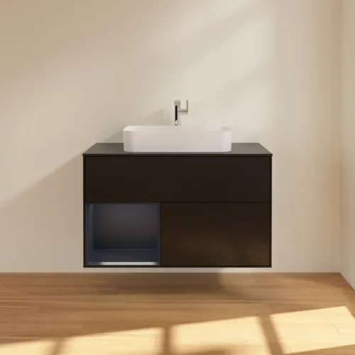VILLEROY BOCH Toaletní skříňka Finion, s osvětlením, 2 výsuvy, 1000 x 603 x 501 mm, černý matný lak / půlnoční modrý matný lak / černé matné sklo #F362HGPD, obrázek 3