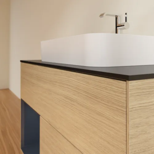 VILLEROY BOCH Toaletní skříňka Finion, s osvětlením, 2 výsuvy, 1000 x 603 x 501 mm, dubová dýha / půlnočně modrý matný lak / černé matné sklo #F362HGPC, obrázek 6