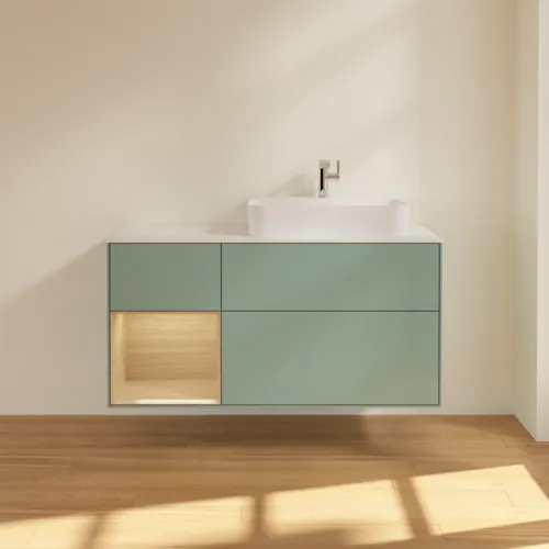 VILLEROY BOCH Toaletní skříňka Finion, s osvětlením, 3 výsuvy, 1200 x 603 x 501 mm, olivový matný lak / dubová dýha / sklo bílé matné #F391PCGM, obrázek 3