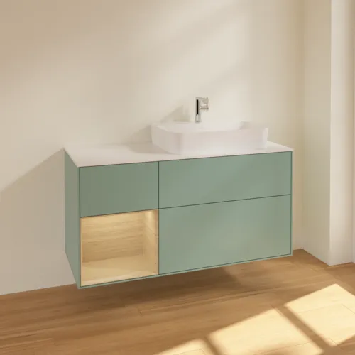 VILLEROY BOCH Toaletní skříňka Finion, s osvětlením, 3 výsuvy, 1200 x 603 x 501 mm, olivový matný lak / dubová dýha / sklo bílé matné #F391PCGM, obrázek 2