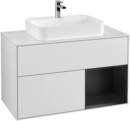 VILLEROY BOCH Toaletní skříňka Finion, s osvětlením, 2 výsuvy, 1000 x 603 x 501 mm, bílý matný lak / černý matný lak / bílé matné sklo #F371PDMT, obrázek 1