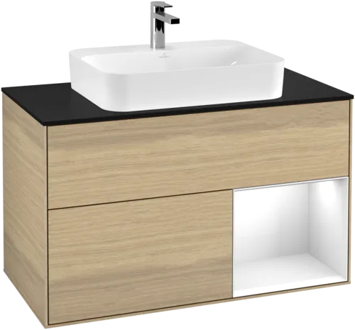 VILLEROY BOCH Toaletní skříňka Finion, s osvětlením, 2 výsuvy, 1000 x 603 x 501 mm, dubová dýha / lesklý bílý lak / černé matné sklo #F372GFPC