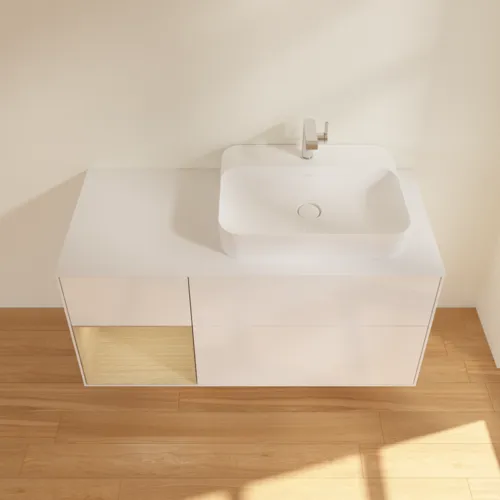 VILLEROY BOCH Toaletní skříňka Finion, s osvětlením, 3 výsuvy, 1200 x 603 x 501 mm, lesklý bílý lak / dubová dýha / sklo bílé matné #F391PCGF, obrázek 4