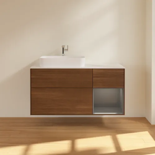 VILLEROY BOCH Toaletní skříňka Finion, s osvětlením, 3 výsuvy, 1200 x 603 x 501 mm, ořechová dýha / antracitový matný lak / bílé matné sklo #F401GKGN, obrázek 3