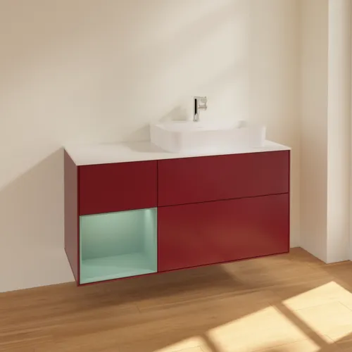 VILLEROY BOCH Toaletní skříňka Finion, s osvětlením, 3 výsuvy, 1200 x 603 x 501 mm, Pivoňka matný lak / Olivový matný lak / Sklo bílé matné #F391GMHB, obrázek 2