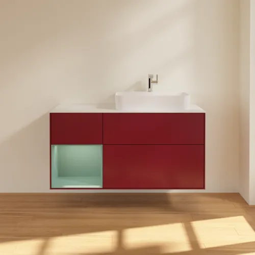 VILLEROY BOCH Toaletní skříňka Finion, s osvětlením, 3 výsuvy, 1200 x 603 x 501 mm, Pivoňka matný lak / Olivový matný lak / Sklo bílé matné #F391GMHB, obrázek 3