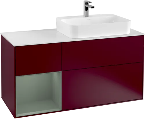 VILLEROY BOCH Toaletní skříňka Finion, s osvětlením, 3 výsuvy, 1200 x 603 x 501 mm, Pivoňka matný lak / Olivový matný lak / Sklo bílé matné #F391GMHB, obrázek 1