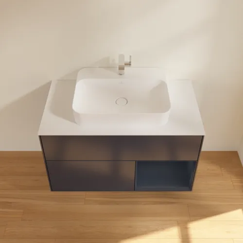 VILLEROY BOCH Toaletní skříňka Finion, s osvětlením, 2 výsuvy, 1000 x 603 x 501 mm, Midnight Blue Matt Lacquer / Midnight Blue Matt Lacquer / Glass White Matt #F371HGHG, obrázek 4