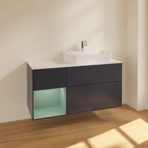 VILLEROY BOCH Toaletní skříňka Finion, s osvětlením, 3 výsuvy, 1200 x 603 x 501 mm, Midnight Blue Matt Lacquer / Olive Matt Lacquer / Glass White Matt #F391GMHG, obrázek 2