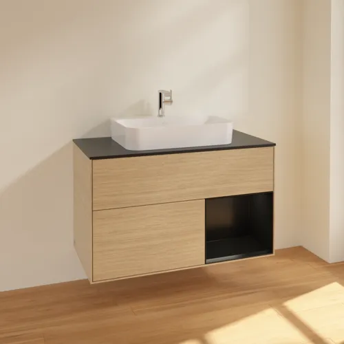 VILLEROY BOCH Toaletní skříňka Finion, s osvětlením, 2 výsuvy, 1000 x 603 x 501 mm, dubová dýha / černý matný lak / černé matné sklo #F372PDPC, obrázek 2