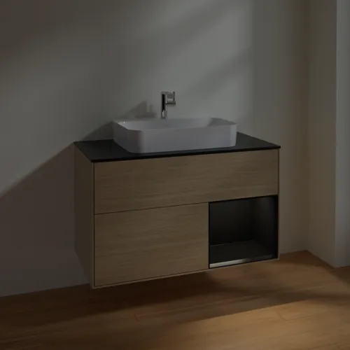 VILLEROY BOCH Toaletní skříňka Finion, s osvětlením, 2 výsuvy, 1000 x 603 x 501 mm, dubová dýha / černý matný lak / černé matné sklo #F372PDPC, obrázek 5
