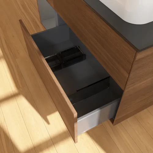 VILLEROY BOCH Toaletní skříňka Finion, s osvětlením, 3 výsuvy, 1200 x 603 x 501 mm, ořechová dýha / antracitový matný lak / černé matné sklo #F392GKGN, obrázek 7