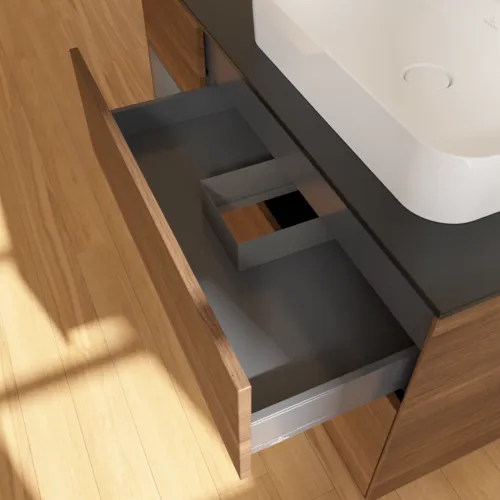 VILLEROY BOCH Toaletní skříňka Finion, s osvětlením, 3 výsuvy, 1200 x 603 x 501 mm, ořechová dýha / antracitový matný lak / černé matné sklo #F392GKGN, obrázek 8
